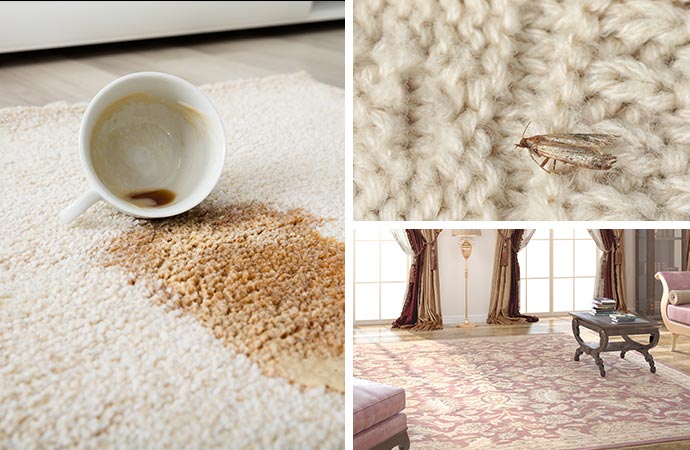 Collage of stain moth and clean rug