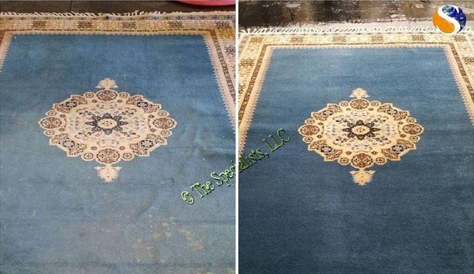 Before and after cleaning a silk rug
