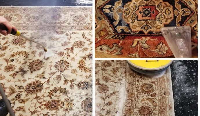 Collage of rug hot water extraction, steam and deep cleaning