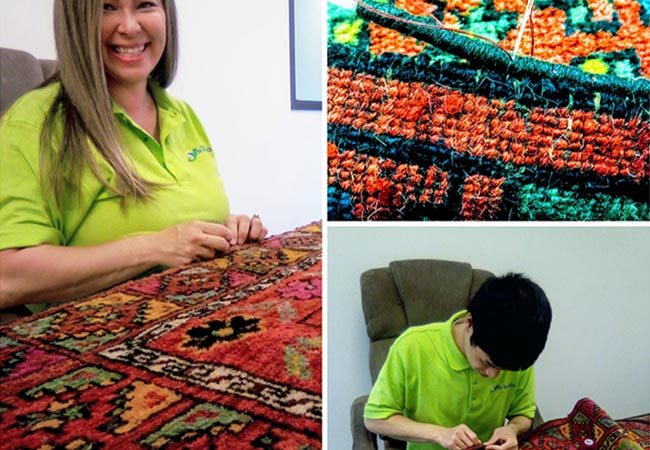 Boy and girl repairing rug